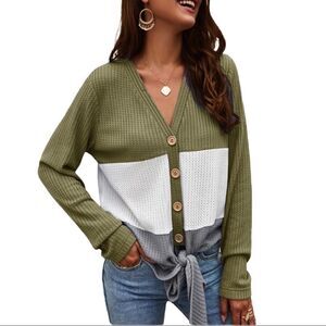 Waffle Knit Front Tie Colour Block Button Down